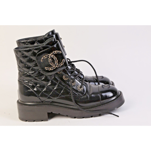 CHANEL Black Logo Quilted Patent Leather Combat Ankle Boots Booties Size 36 - Picture 3 of 14
